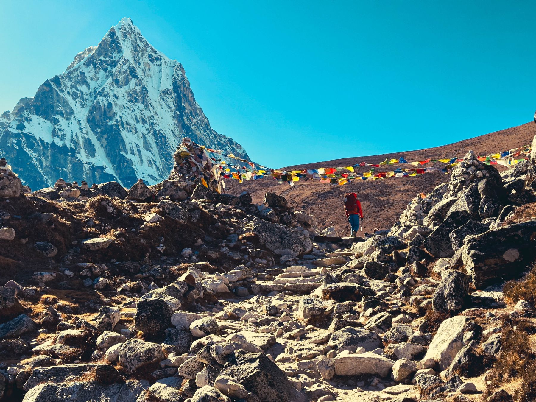 Trekker Walks Under EBC Prayer Flags